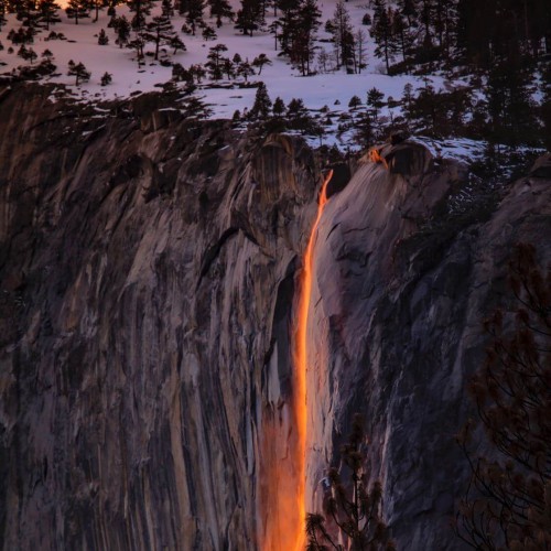 Nicely lit waterfall in the sunset that seems like lava